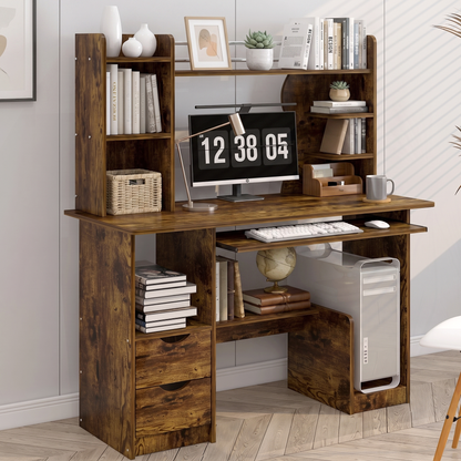 Expert Computer Desk Workstation with Shelf & Cabinet (Rustic Wood)