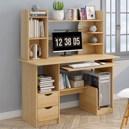 Expert Computer Desk Workstation with Shelf & Cabinet (Oak)