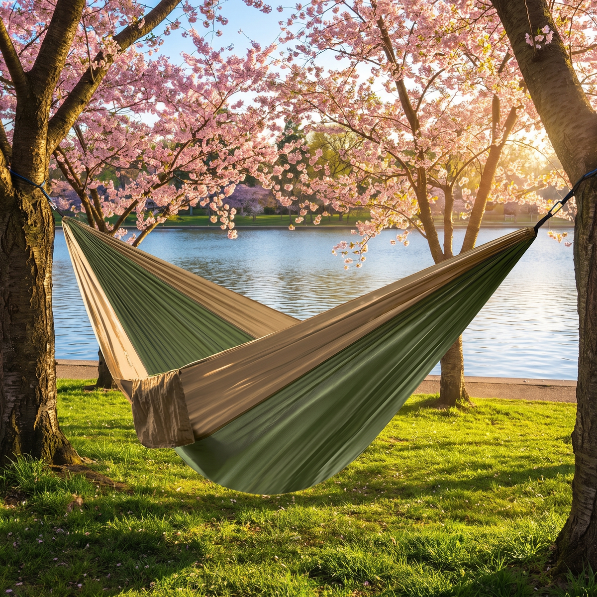 Deluxe Double Portable Fabric Hammock with Ropes Outdoor Travel Camping (Coffee & Green)