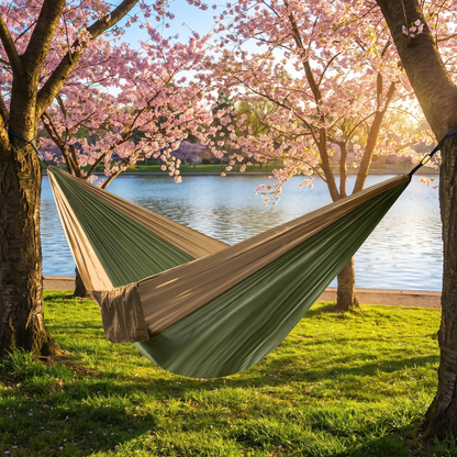 Deluxe Double Portable Fabric Hammock with Ropes Outdoor Travel Camping (Coffee & Green)