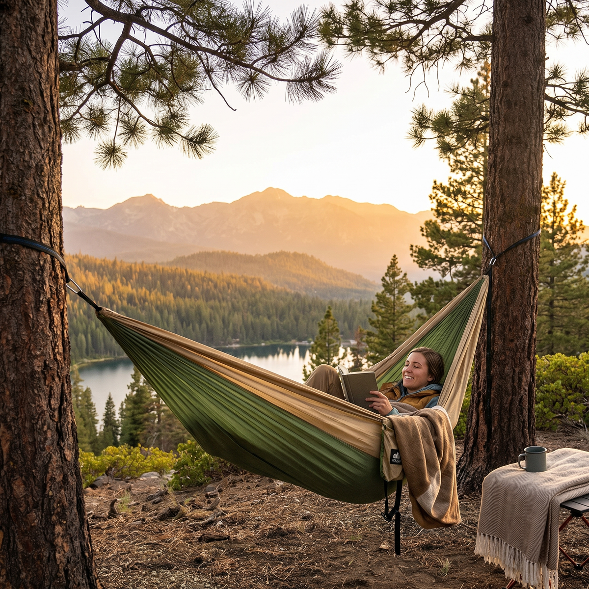 Deluxe Double Portable Fabric Hammock with Ropes Outdoor Travel Camping (Coffee & Green)
