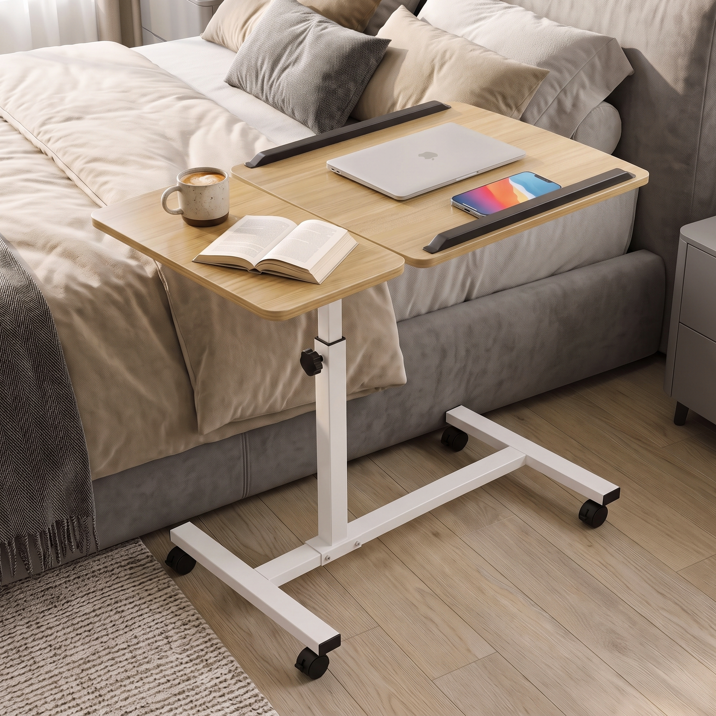 Motif 2-in-1 Adjustable Portable Sofa Bed Side Table Laptop Desk with Wheels (Oak)