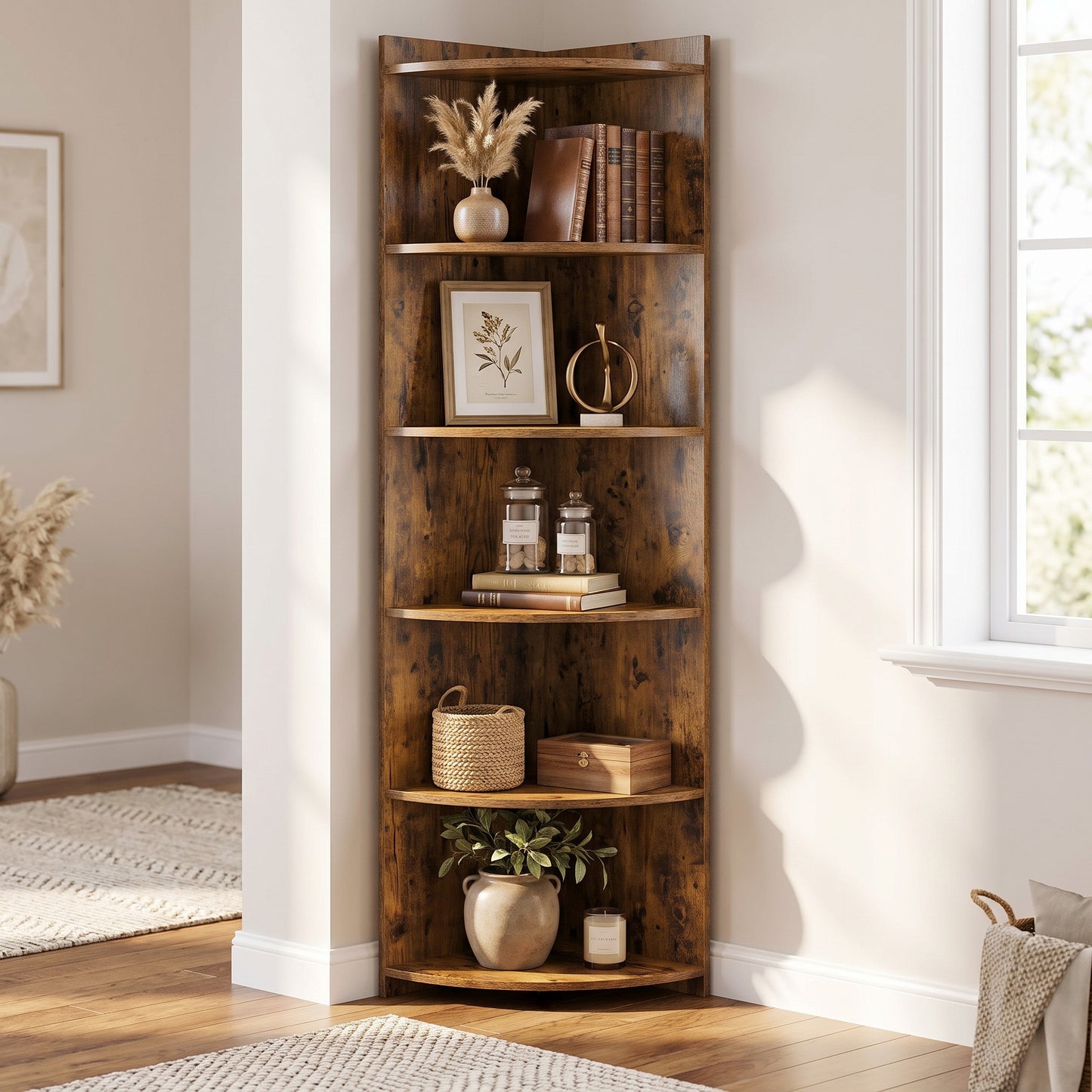 Inspire 6 Tier Large Stylish Rustic Wooden Corner Shelf Unit