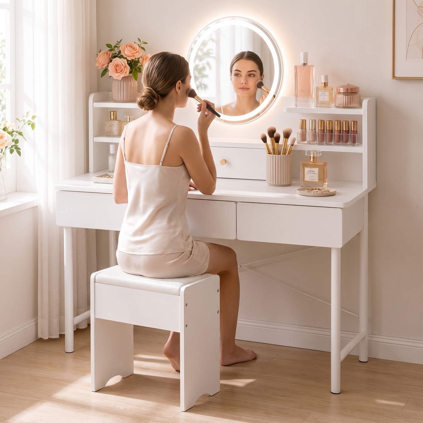 Luxe LED Large Dressing Table LED Mirror Makeup Vanity Drawers Stool Set