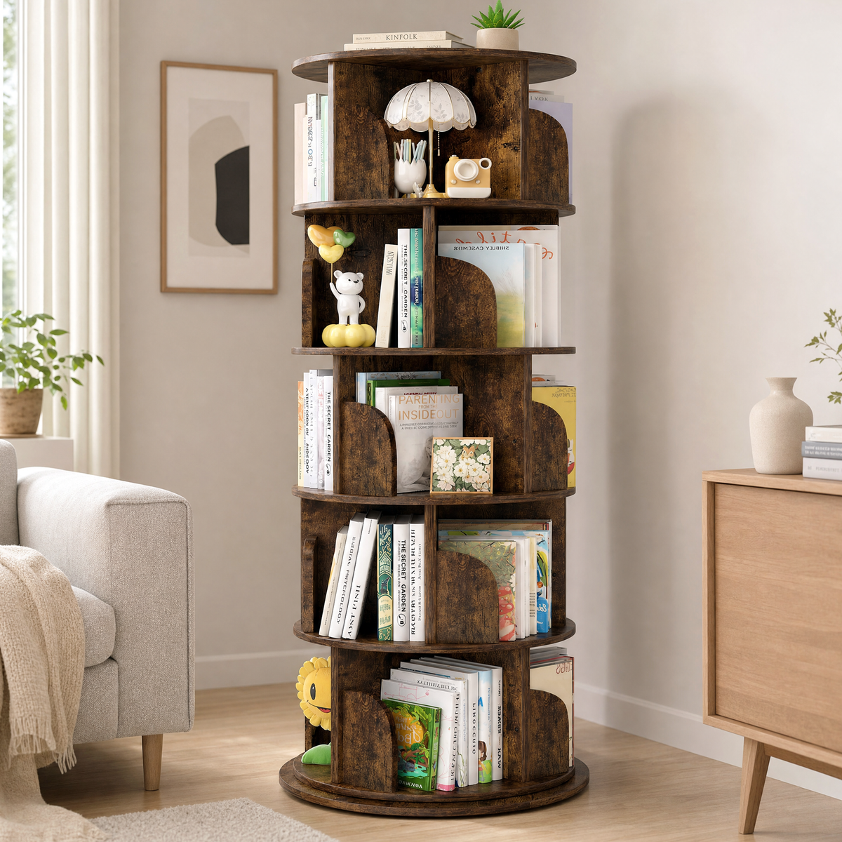 Sanctuary 360-degree Rotating 5 Tier Display Shelf Bookcase Organiser (Rustic Wood)