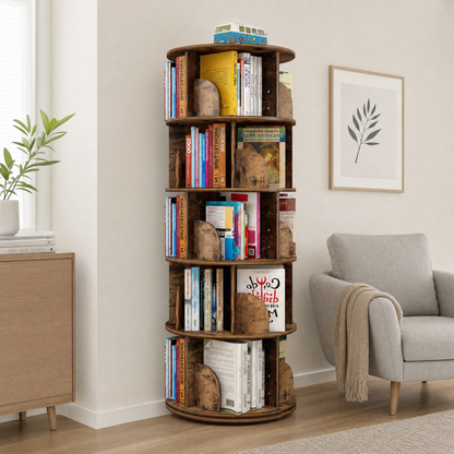 Sanctuary 360-degree Rotating 5 Tier Display Shelf Bookcase Organiser (Rustic Wood)