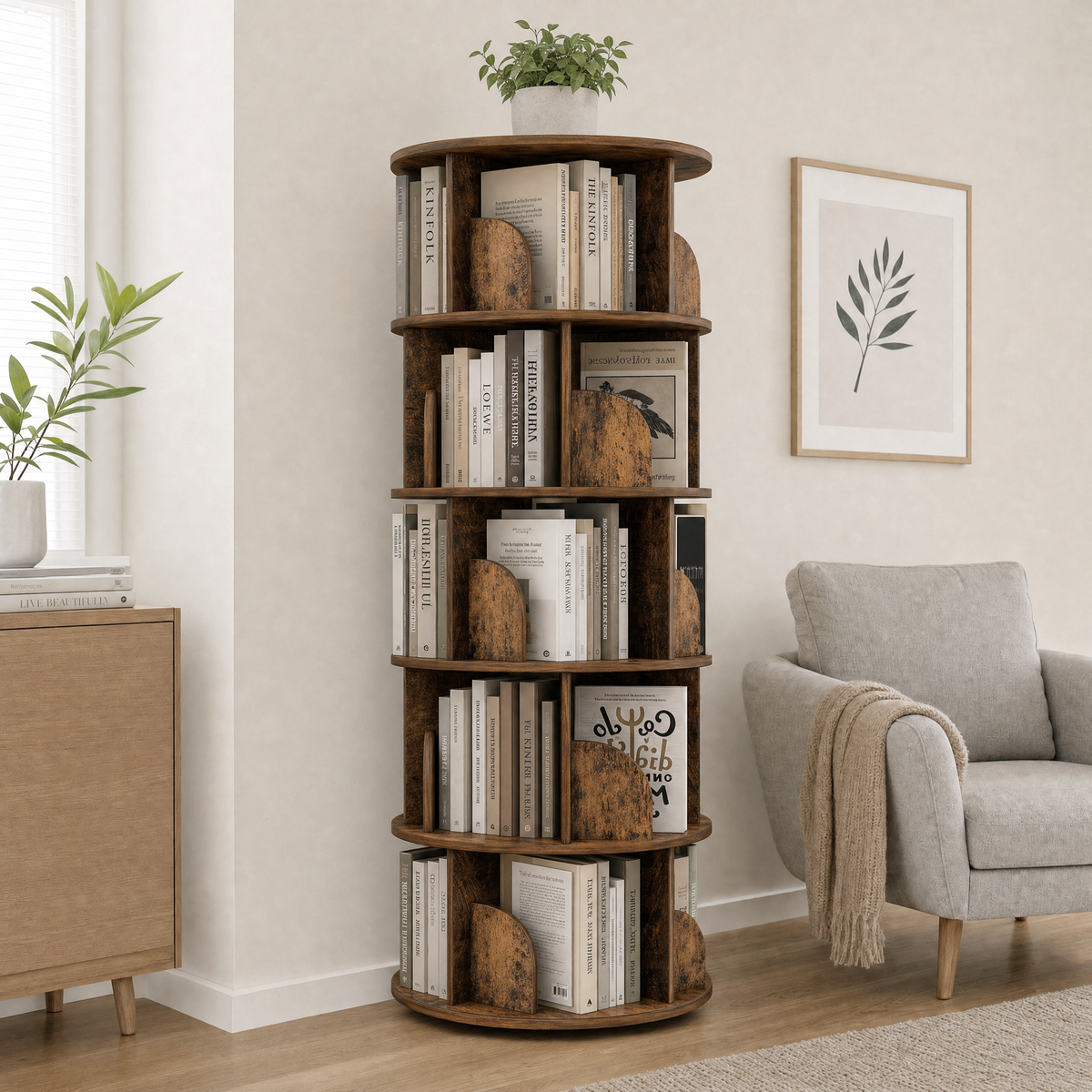 Sanctuary 360-degree Rotating 5 Tier Display Shelf Bookcase Organiser (Rustic Wood)