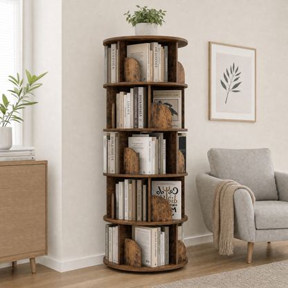 Sanctuary 360-degree Rotating 5 Tier Display Shelf Bookcase Organiser (Rustic Wood)