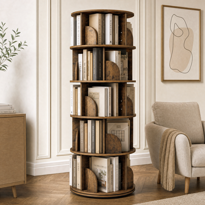 Sanctuary 360-degree Rotating 5 Tier Display Shelf Bookcase Organiser (Rustic Wood)