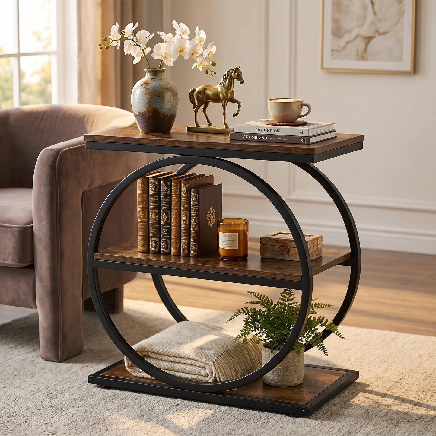 Eclipse Rustic Wood and Metal Round Side Table with Shelves