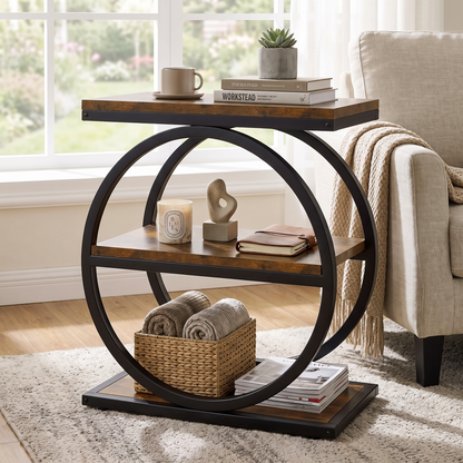 Eclipse Rustic Wood and Metal Round Side Table with Shelves