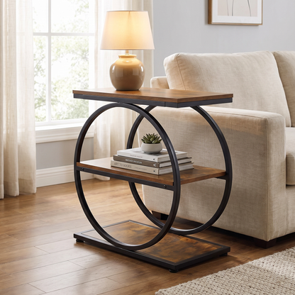 Eclipse Rustic Wood and Metal Round Side Table with Shelves