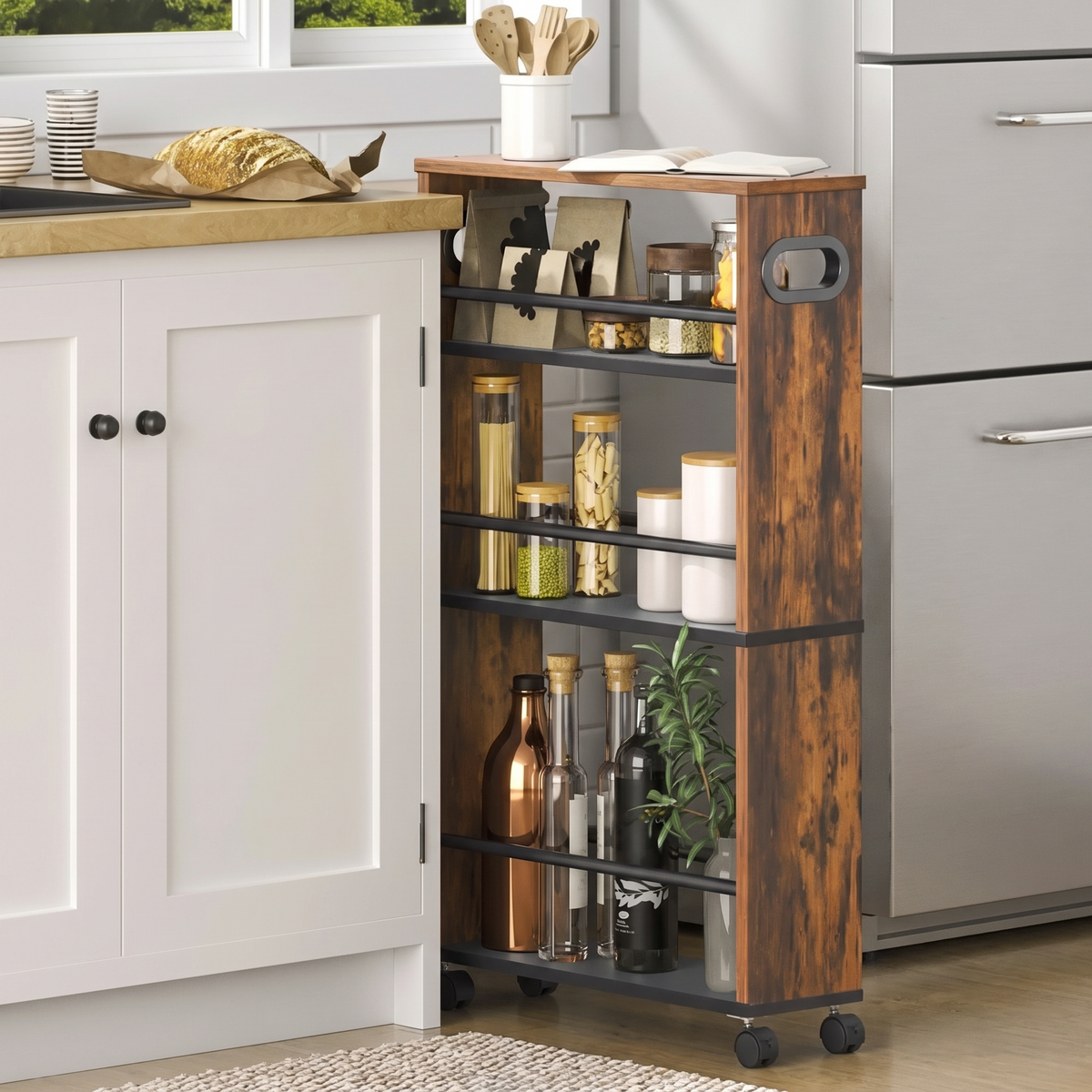 3-Tier Rustic Wood Rolling Storage Utility Cart Organizer Shelf Trolley