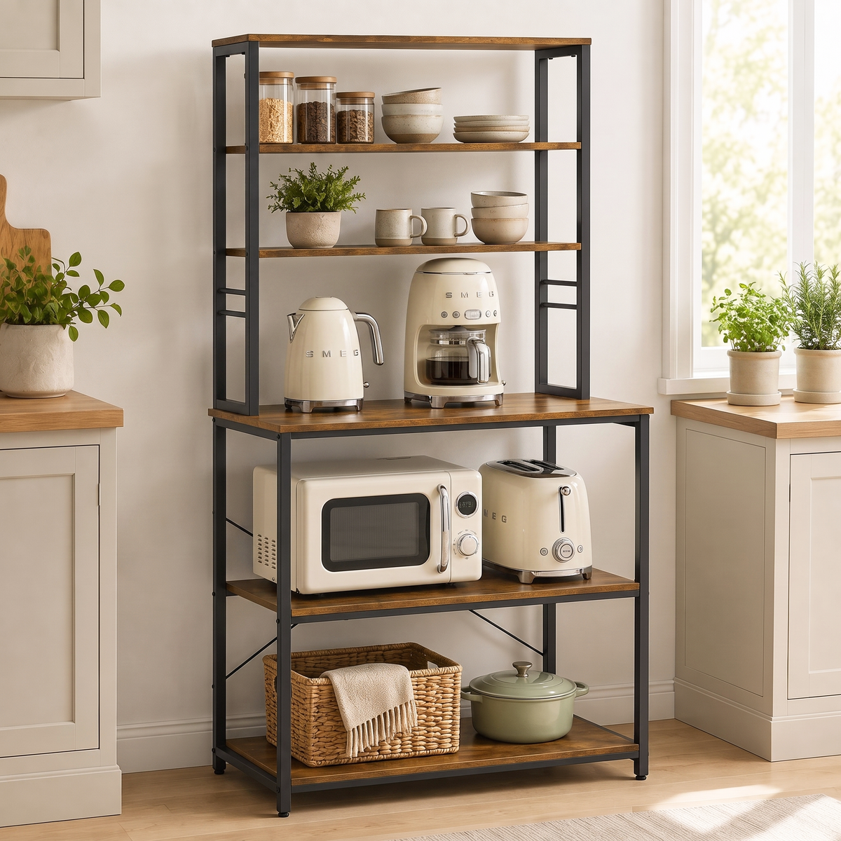 Retreat Tall Rustic Wood Kitchen Storage Baker’s Rack Shelf Organiser