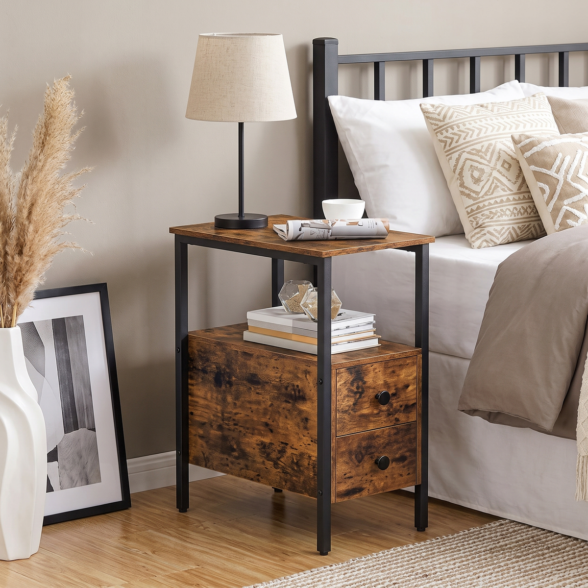 Verona Rustic Wood & Metal Bedside Sofa Side Table with Drawers