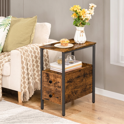 Verona Rustic Wood & Metal Bedside Sofa Side Table with Drawers