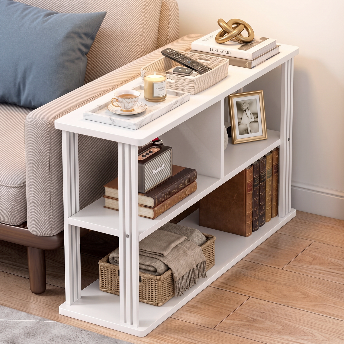 Icon Wood and Steel Sofa Side Table with Shelves (White)