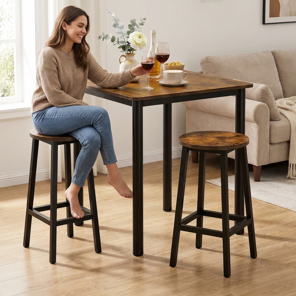 Foundry Tall Industrial Rustic Wood & Metal Square Bar Dining Table