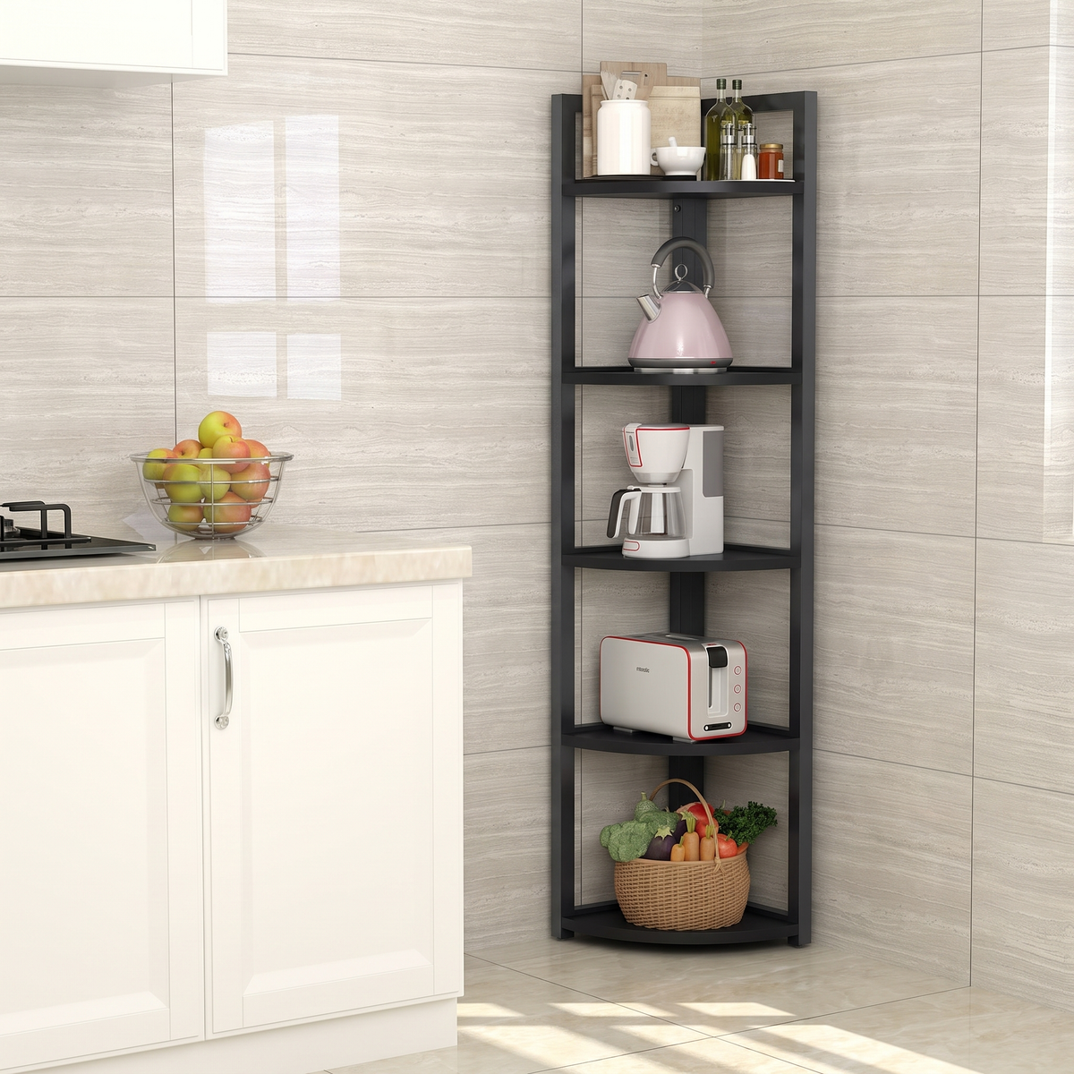 Optima 5 Tier Wood & Steel Corner Shelf Organizer Unit (Black)