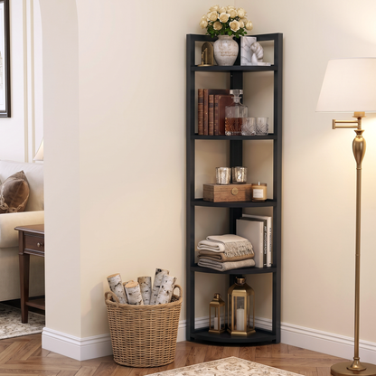 Optima 5 Tier Wood & Steel Corner Shelf Organizer Unit (Black)