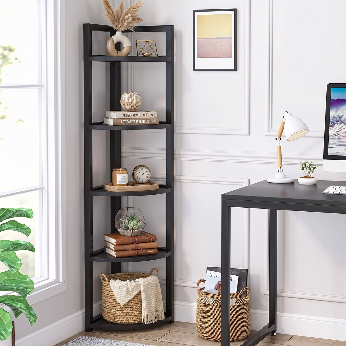 Optima 5 Tier Wood & Steel Corner Shelf Organizer Unit (Black)