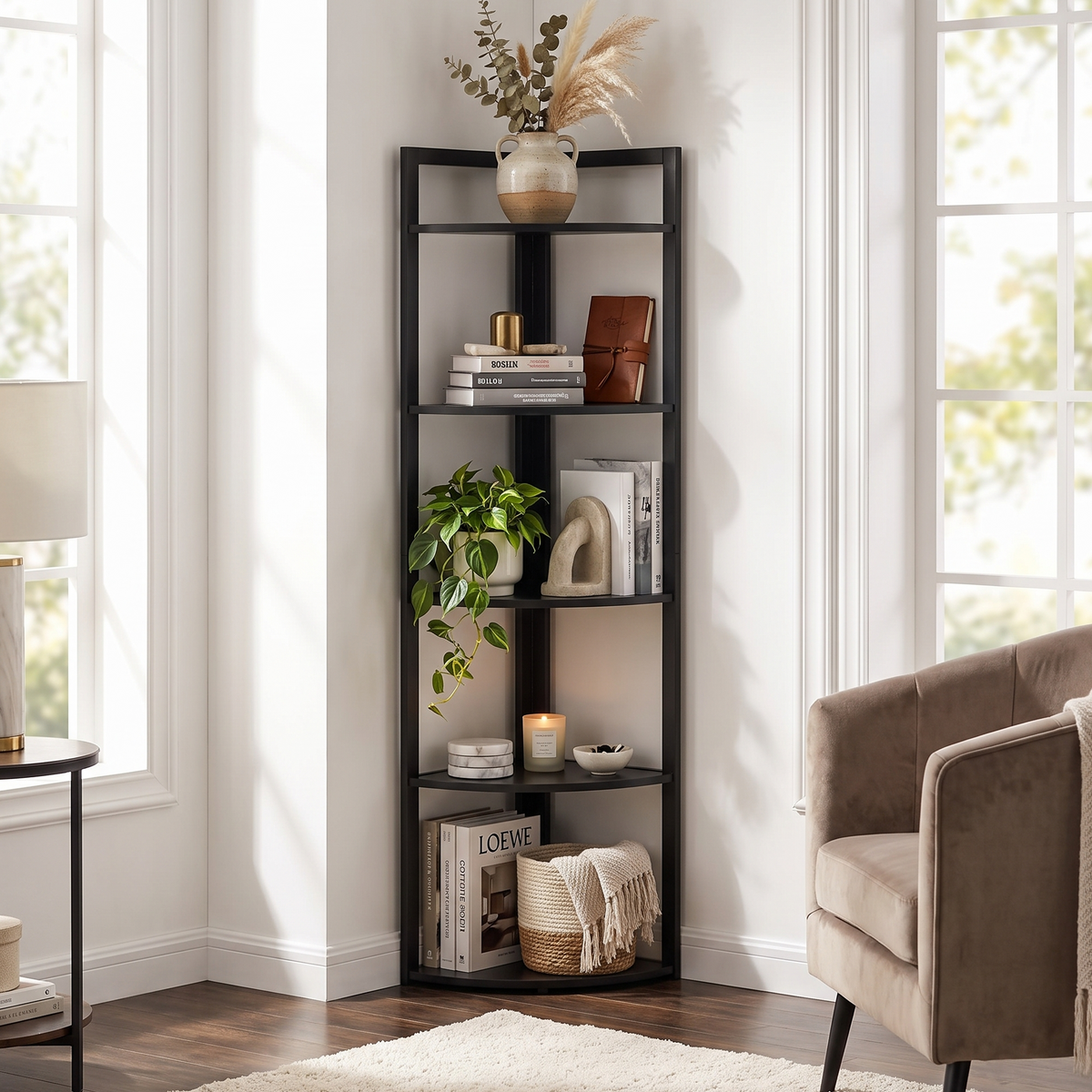 Optima 5 Tier Wood & Steel Corner Shelf Organizer Unit (Black)