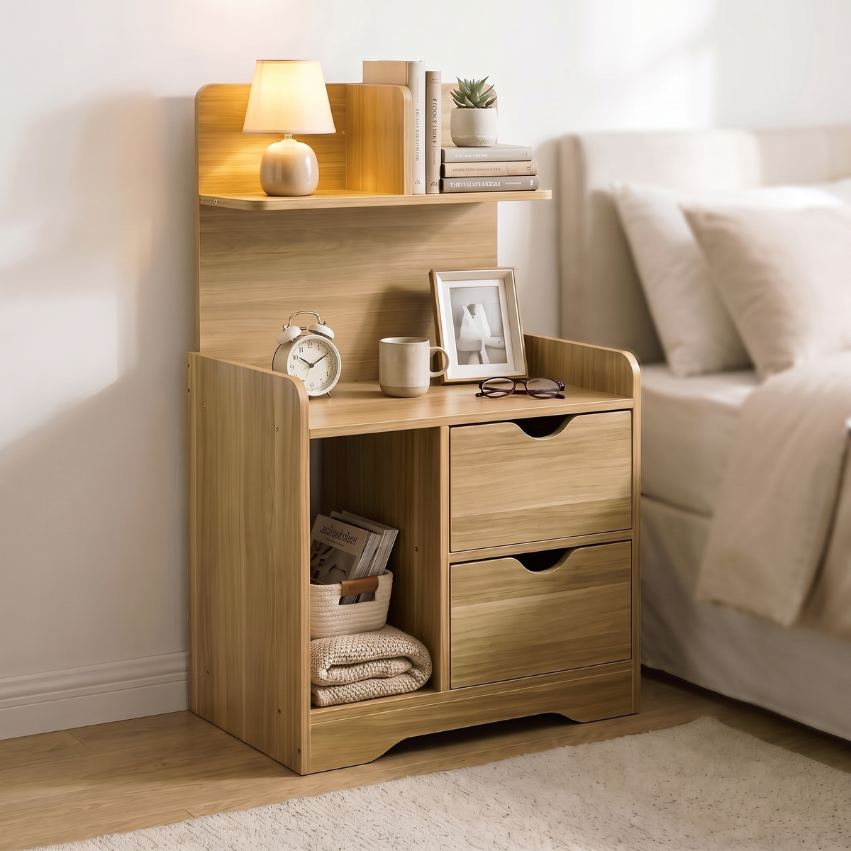 Harmony Tall Bed Side Table with Chest of Drawers and Shelf (Oak)
