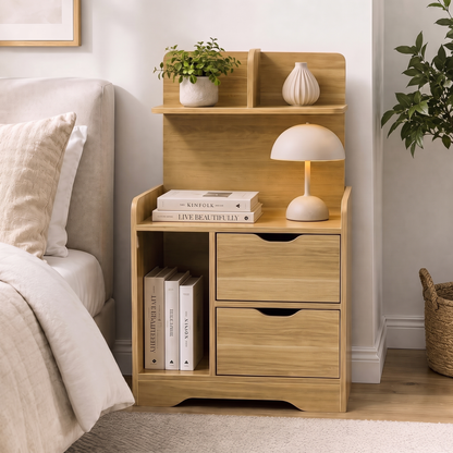 Harmony Tall Bed Side Table with Chest of Drawers and Shelf (Oak)