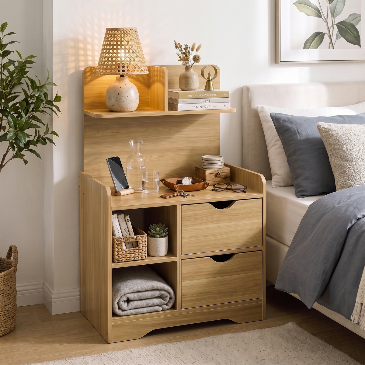 Harmony Tall Bed Side Table with Chest of Drawers and Shelf (Oak)