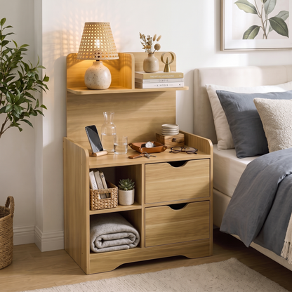 Harmony Tall Bed Side Table with Chest of Drawers and Shelf (Oak)
