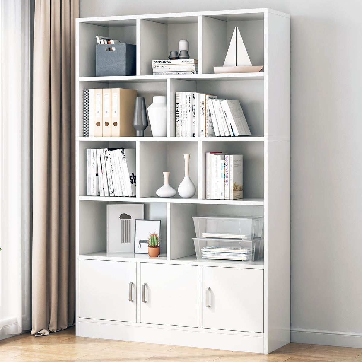 Alpha 10-Shelf 3-Door Wardrobe Cupboard Bookshelf Cabinet (White)