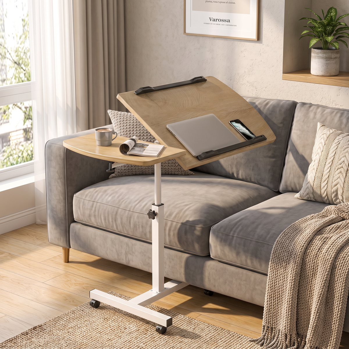 Motif 2-in-1 Adjustable Portable Sofa Bed Side Table Laptop Desk with Wheels (Coastal Oak)