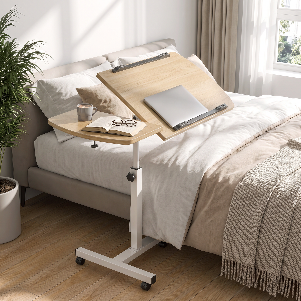 Motif 2-in-1 Adjustable Portable Sofa Bed Side Table Laptop Desk with Wheels (Coastal Oak)