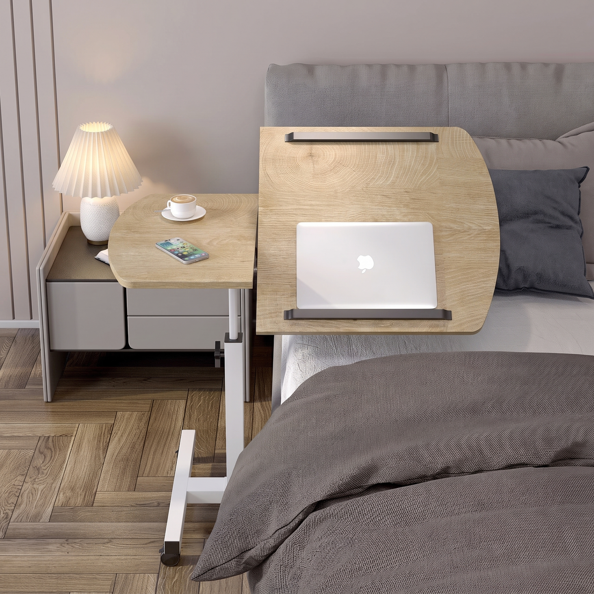 Motif 2-in-1 Adjustable Portable Sofa Bed Side Table Laptop Desk with Wheels (Coastal Oak)