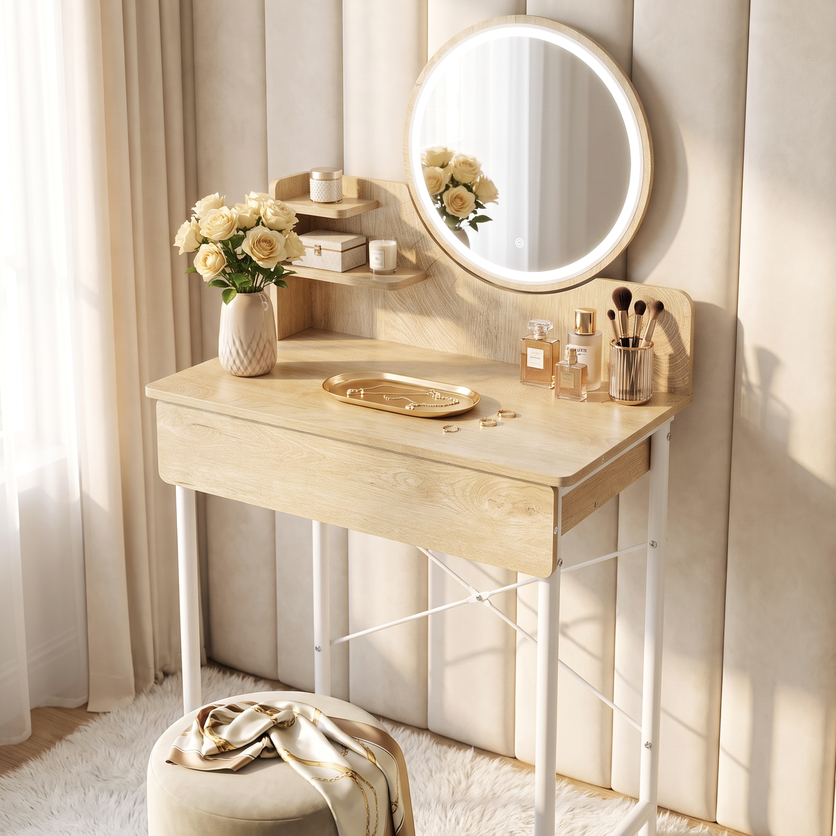 Luxe LED White Makeup Vanity Dressing Table with Mirror & Drawer (Coastal Oak)
