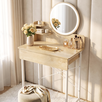 Luxe LED White Makeup Vanity Dressing Table with Mirror & Drawer (Coastal Oak)