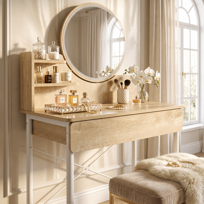 Luxe LED White Makeup Vanity Dressing Table with Mirror & Drawer (Coastal Oak)