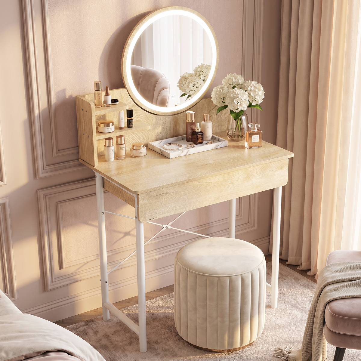 Luxe LED White Makeup Vanity Dressing Table with Mirror & Drawer (Coastal Oak)
