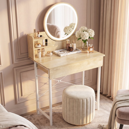 Luxe LED White Makeup Vanity Dressing Table with Mirror & Drawer (Coastal Oak)