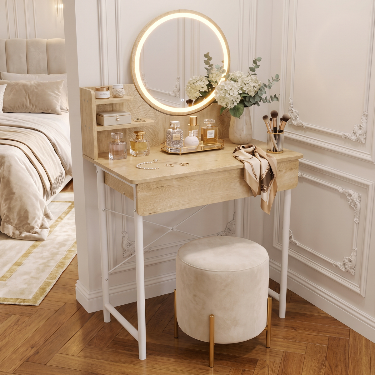 Luxe LED White Makeup Vanity Dressing Table with Mirror & Drawer (Coastal Oak)