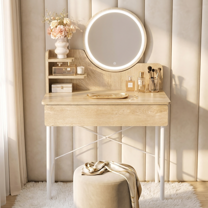 Luxe LED White Makeup Vanity Dressing Table with Mirror & Drawer (Coastal Oak)