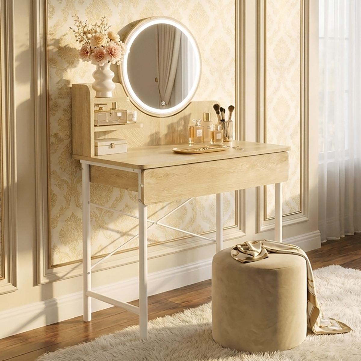 Luxe LED White Makeup Vanity Dressing Table with Mirror & Drawer (Coastal Oak)