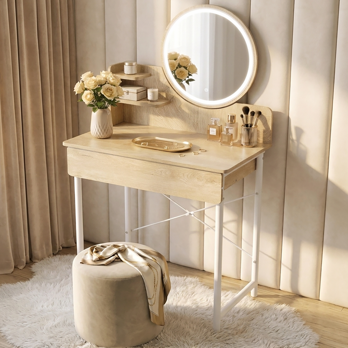 Luxe LED White Makeup Vanity Dressing Table with Mirror & Drawer (Coastal Oak)