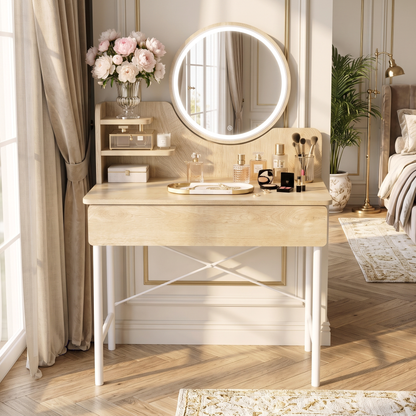 Luxe LED White Makeup Vanity Dressing Table with Mirror & Drawer (Coastal Oak)
