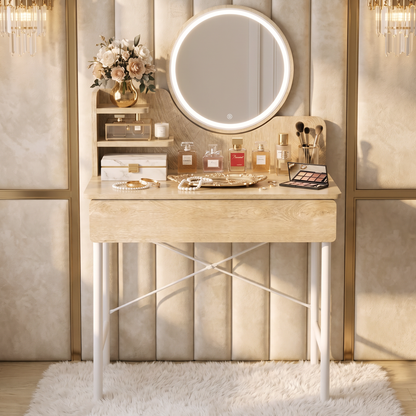 Luxe LED White Makeup Vanity Dressing Table with Mirror & Drawer (Coastal Oak)