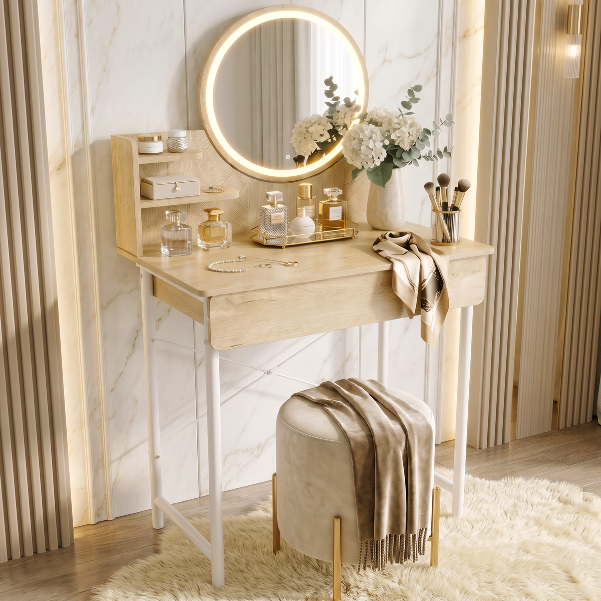 Luxe LED White Makeup Vanity Dressing Table with Mirror & Drawer (Coastal Oak)