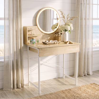 Luxe LED White Makeup Vanity Dressing Table with Mirror & Drawer (Coastal Oak)