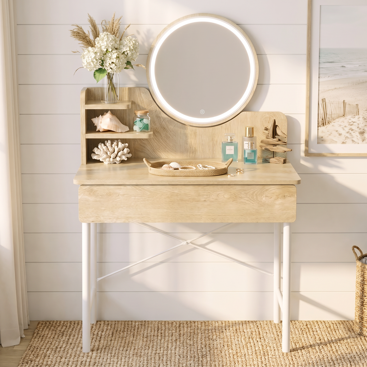 Luxe LED White Makeup Vanity Dressing Table with Mirror & Drawer (Coastal Oak)