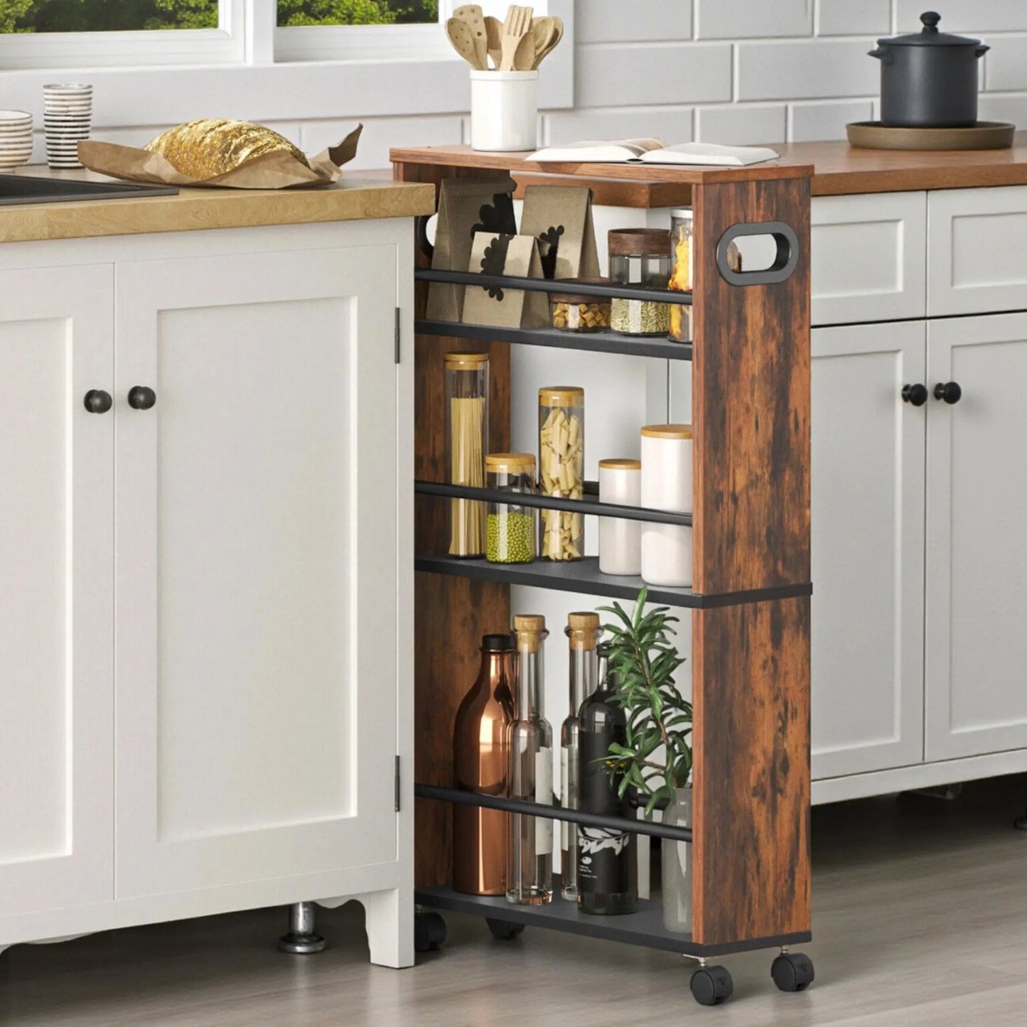 3-Tier Rustic Wood Rolling Storage Utility Cart Organizer Shelf Trolley