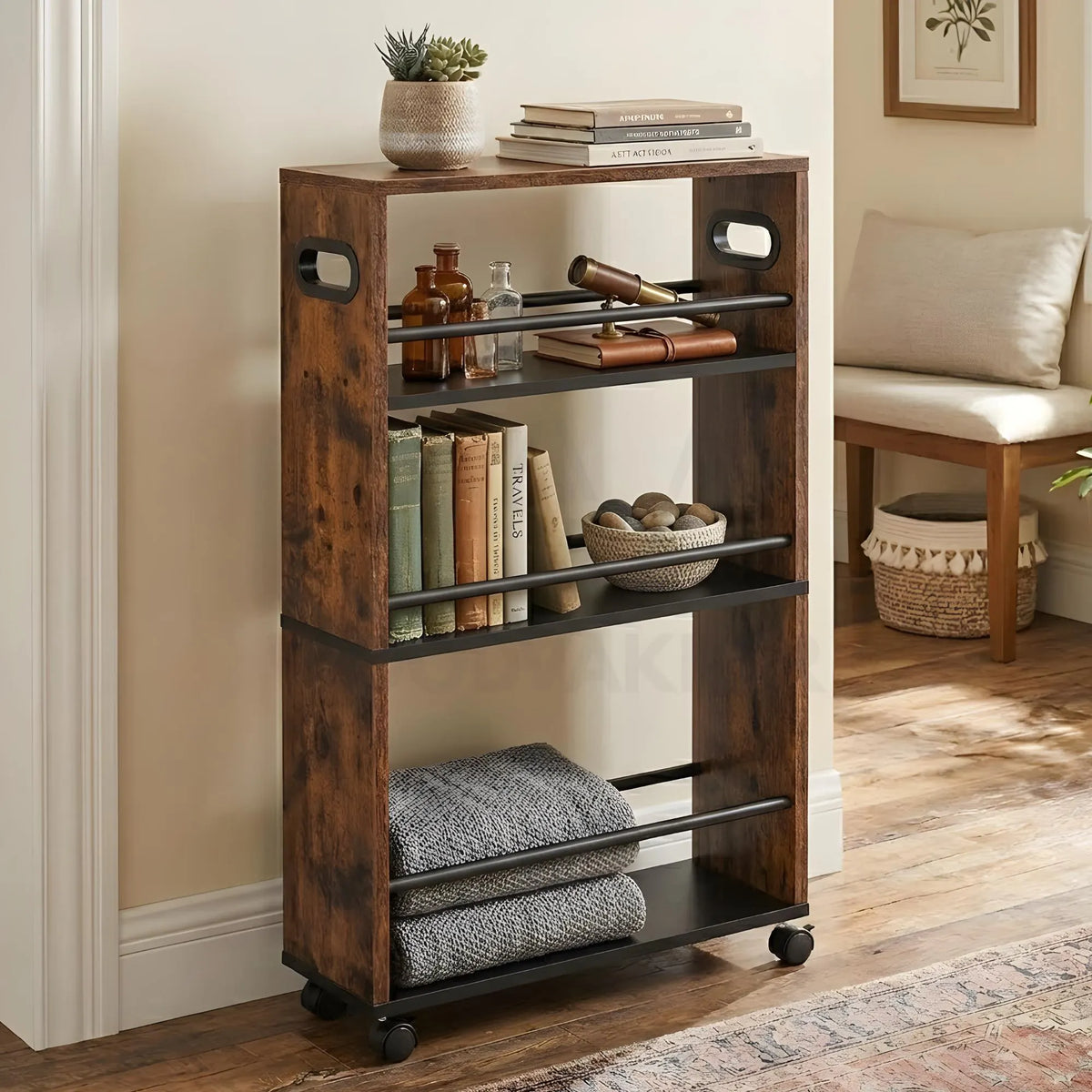 3-Tier Rustic Wood Rolling Storage Utility Cart Organizer Shelf Trolley